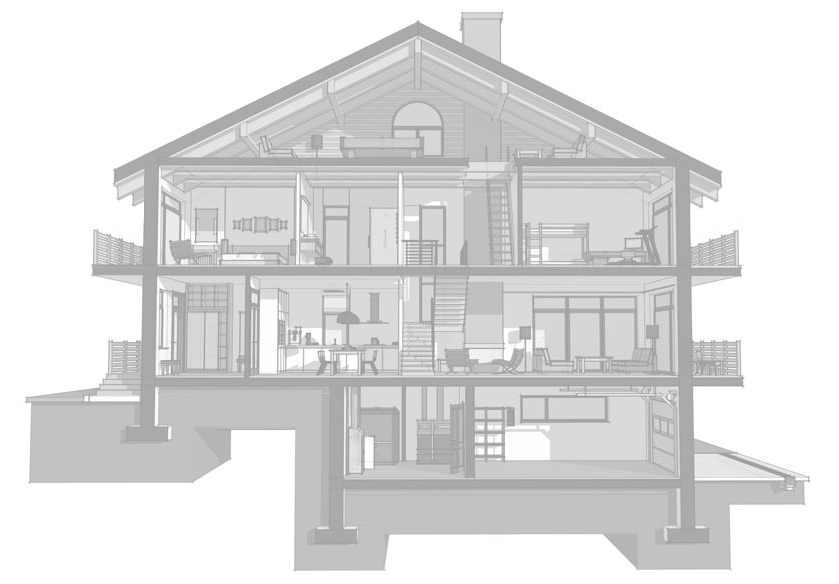 a house cutaway of the building shell with a few rooms